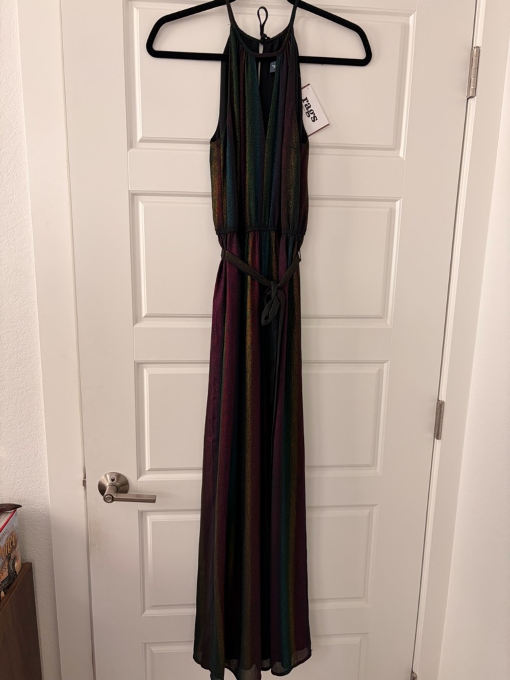 ModCloth Black Halter Maxi Jumpsuit with Rainbow Stripes